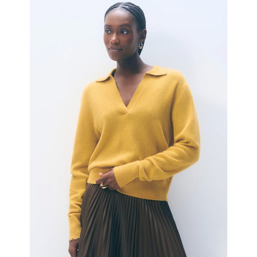 White + Warren Cashmere Long-Sleeved Polo in Chartreuse Yellow size S small - Picture 5 of 6